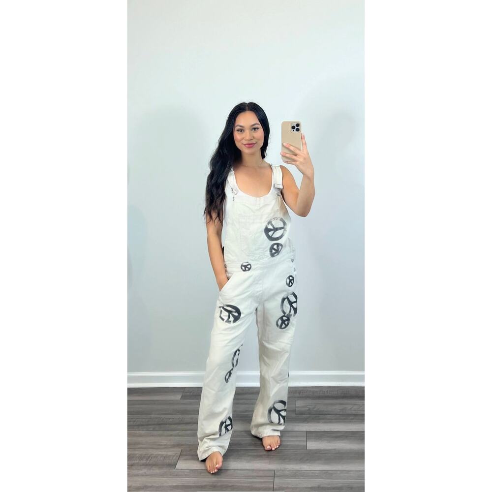 We the Free Ziggy Harmony Overalls in Off White Medium Denim Printed Pockets